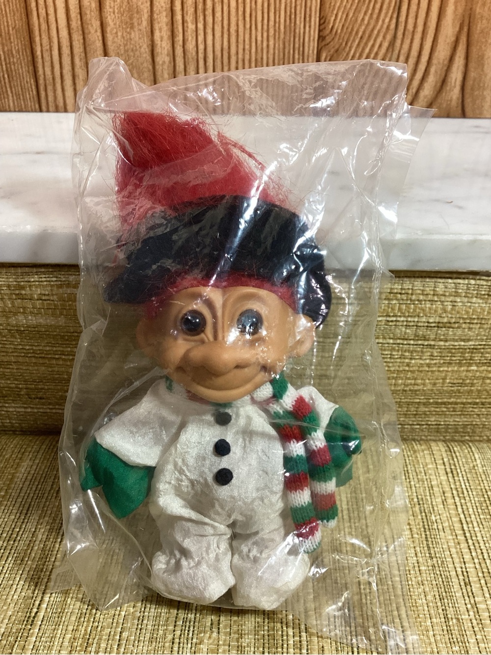 Vintage Holiday Troll Doll with Red Hair and Green-White-Red Scarf